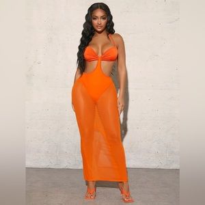 Ruched Bust Tie Backless Split Hem Panty Insert Halter Mesh Dress🔥